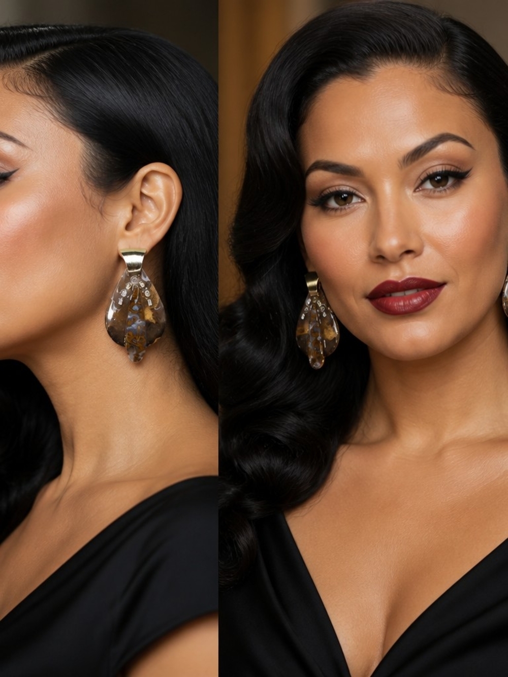 Drop Resin Earrings with Gold Accents — Brown Moss Agate Cabochons Add To Style